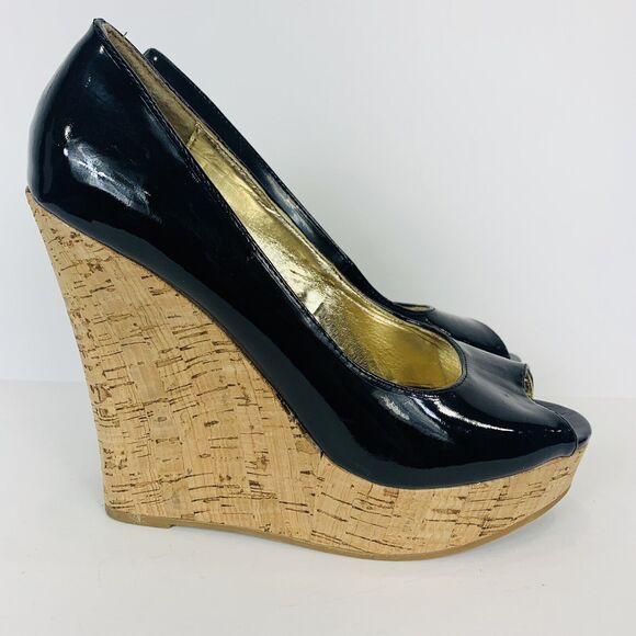 Steve Madden P Medow Patent Cork Wedge Heels Black Peep Toe Size 8 - Picture 2 of 10